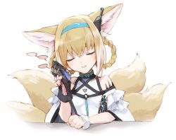 Rule 34 | 1girl, animal ear fluff, animal ears, arknights, bare shoulders, black gloves, blonde hair, blue hairband, braid, braided hair rings, breasts, closed eyes, commentary request, e-bushi, facing viewer, fox ears, fox girl, fox tail, gloves, hair between eyes, hair rings, hairband, highres, kitsune, leaning to the side, multicolored hair, parted lips, shirt, simple background, single glove, small breasts, smile, solo, suzuran (arknights), tail, twin braids, two-tone hair, upper body, white background, white hair, white shirt