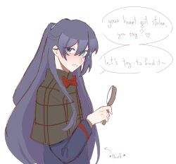 Rule 34 | 1boy, black eyes, black hair, blue eyes, blue hairband, bow, bowtie, english text, green jacket, hairband, heterochromia, high ponytail, highres, holding, holding magnifying glass, hong lu (project moon), jacket, limbus company, long hair, magnifying glass, past desiderium, project moon, speech bubble