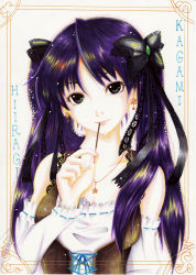 Rule 34 | 00s, 1girl, bad id, bad pixiv id, black ribbon, blouse, border, colored pencil (medium), corset, cross-laced clothes, detached sleeves, earrings, food, hair over shoulder, hair ribbon, head tilt, hiiragi kagami, i-la, jewelry, lips, long hair, looking at viewer, lucky star, marker (medium), necklace, pocky, purple hair, realistic, ribbon, ribbon-trimmed sleeves, ribbon trim, shirt, solo, star (symbol), traditional media, twintails, upper body, yellow eyes