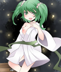 Rule 34 | 1girl, bad id, bad pixiv id, bare shoulders, blood, breast slip, breasts, breasts out, bucket, female focus, green eyes, green hair, hair ornament, hammer (sunset beach), japanese clothes, kisume, matching hair/eyes, nipples, obi, off shoulder, one breast out, open mouth, sash, short hair, smile, solo, touhou, twintails, undone