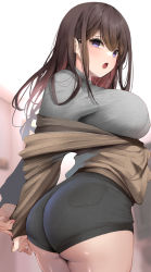 Rule 34 | 1girl, ass, blush, breasts, brown hair, fay (fay axl), from behind, highres, huge ass, jacket, large breasts, long hair, looking at viewer, open mouth, original, purple eyes, shiny skin, short shorts, shorts, sideboob, solo