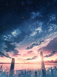 Rule 34 | animal, bird, cityscape, cloud, commentary request, grass, highres, no humans, ocean, original, scenery, sky, skyrick9413, star (sky), starry sky, sunset, water