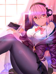 Rule 34 | 10s, 1girl, black pantyhose, bow, bowtie, broken screen, cellphone, commentary request, curtains, glasses, gridman universe, headphones, highres, holding, holding phone, indoors, long sleeves, looking at viewer, pantyhose, phone, pink hair, red-framed eyewear, red bow, red bowtie, red eyes, semi-rimless eyewear, shinjou akane, shirt, short hair, smartphone, smile, solo, ssss.gridman, sysen, under-rim eyewear, watermark, web address, white shirt, window
