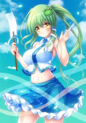 Rule 34 | 1girl, bare arms, blue skirt, blush, breasts, clothes lift, cloud, cloudy sky, commentary request, day, frilled skirt, frills, frog hair ornament, gohei, green hair, hair between eyes, hair ornament, highres, holding, kochiya sanae, light particles, long hair, looking at viewer, medium breasts, navel, osashin (osada), ponytail, skirt, skirt lift, sky, sleeveless, smile, snake hair ornament, solo, talisman, touhou, vest, white vest, yellow eyes