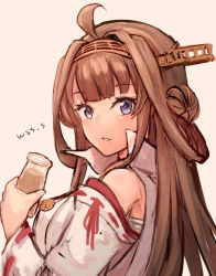 Rule 34 | 1girl, ahoge, artist name, beige background, bottle, brown hair, chocolate milk, commentary request, detached sleeves, double bun, hair bun, hairband, headgear, japanese clothes, kantai collection, kongou (kancolle), kongou kai ni (kancolle), long hair, looking at viewer, parted lips, popped collar, ribbon-trimmed sleeves, ribbon trim, simple background, solo, wss (nicoseiga19993411)