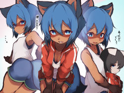 Rule 34 | 1girl, absurdres, animal ears, black hair, blue eyes, blue shorts, body fur, brand new animal, breasts, cleavage, commentary request, furry, furry female, hair between eyes, height difference, highres, jacket, kagemori michiru, looking at viewer, raccoon ears, raccoon girl, raccoon tail, red jacket, short hair, shorts, small breasts, solo focus, tab head, tail