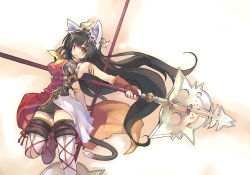 Rule 34 | 1girl, :3, animal ears, black hair, breasts, brown eyes, cat ears, cat tail, dual wielding, fantasy, fingerless gloves, gloves, holding, large breasts, long hair, original, polearm, shibano kaito, solo, tail, very long hair, weapon