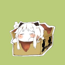 Rule 34 | 10s, 1girl, ^ ^, abyssal ship, blush stickers, box, byako (srktn), cardboard box, closed eyes, colored skin, horns, in box, in container, kantai collection, long hair, looking at viewer, mittens, northern ocean princess, shirokitsune (rin02ituki), simple background, solo, translation request, white hair, white skin