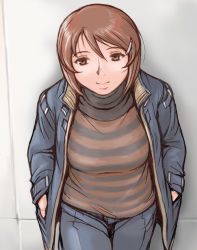 Rule 34 | 00s, 1girl, breasts, brown eyes, brown hair, casual, female focus, hair ornament, hairclip, hands in pockets, aged up, rozen maiden, short hair, smile, solo, souseiseki, sweater, tsuda nanafushi