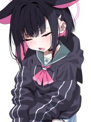 Rule 34 | 1girl, animal ears, black choker, black hair, black jacket, blue archive, blush, choker, closed eyes, colored inner hair, dated commentary, drooling, fang, green sailor collar, halo, highres, jacket, kazusa (blue archive), long sleeves, multicolored hair, open mouth, pink hair, sailor collar, saliva, school uniform, short hair, simple background, sitting, skin fang, sleeping, solo, tosyeo, two-tone hair, white background