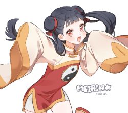 Rule 34 | 1990s (style), 1girl, bad id, bad pixiv id, black hair, blunt bangs, cardcaptor sakura, character name, chinese clothes, double bun, hair bun, hands in opposite sleeves, li meiling, long hair, long sleeves, marin (myuy 3), red eyes, retro artstyle, signature, sleeves past wrists, solo, twintails, white background, wide sleeves, yin yang