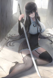 Rule 34 | 1girl, absurdres, arm support, black eyes, black footwear, black hair, black ribbon, black thighhighs, breasts, closed mouth, collarbone, collared shirt, expressionless, garter straps, hair over one eye, high heels, highres, holding, holding sword, holding weapon, indoors, katana, large breasts, long hair, long sleeves, original, pigone, red pupils, ribbon, shirt, sidelocks, sitting, sword, thighhighs, very long hair, weapon, white shirt, window