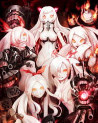 Rule 34 | 10s, 5girls, abyssal ship, airfield princess, armored aircraft carrier oni, armored aircraft carrier princess, bottomless, breasts, claws, covering privates, covering breasts, floating fortress (kancolle), glowing, glowing eyes, hair over one eye, hair ribbon, horns, kantai collection, large breasts, long hair, looking at viewer, mechanical arms, multiple girls, navel, open mouth, orange eyes, ribbon, school uniform, single mechanical arm, smile, smirk, southern ocean oni, southern ocean war oni, southern ocean war princess, teeth, twintails, uniform, white hair, yellow eyes, yoshi kattyu