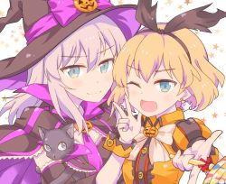 Rule 34 | 10s, 2girls, ;d, black cat, black dress, black hat, black ribbon, blonde hair, blue eyes, candy, cape, cat, closed mouth, dress, earrings, fang, food, ghost, girls und panzer, hair ribbon, hairband, halloween costume, hat, hat ribbon, holding, itsumi erika, jack-o&#039;-lantern, jewelry, katyusha (girls und panzer), light smile, lollipop, long hair, long sleeves, looking at viewer, multiple girls, nishizumi miho, one eye closed, open mouth, orange dress, portrait, puffy short sleeves, puffy sleeves, purple ribbon, ribbon, short hair, short sleeves, side-by-side, silver hair, smile, star (symbol), starry background, takitarou, w, witch, witch hat, wrist cuffs