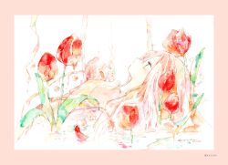 Rule 34 | 1girl, flower, from side, green eyes, highres, kazuka, long hair, looking up, original, painting (medium), pink hair, red flower, shallow water, solo, traditional media, water, watercolor (medium)