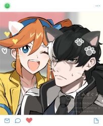 1boy 1girl ;d ace_attorney animal_ears athena_cykes black_hair black_jacket black_necktie blue_bow blue_eyes bow cat_day cat_ears closed_mouth crescent crescent_earrings drawn_ears drawn_whiskers earrings fake_phone_screenshot fake_screenshot grey_eyes gumi_(gelatin) hair_between_eyes hair_bow highres jacket jewelry long_hair multicolored_hair necktie one_eye_closed open_mouth orange_hair paw_print ponytail side_ponytail simon_blackquill single_earring smile sweatdrop teeth two-tone_hair upper_body upper_teeth_only white_hair yellow_jacket