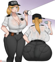 Rule 34 | 1girl, ass, blonde hair, blush, bob (bobtheneet), breasts, cleavage, clothes, female focus, five nights at freddy&#039;s, flashlight, gradient background, green eyes, hat, huge ass, huge breasts, looking at viewer, looking back, pantylines, ponytail, security guard, solo, vanessa (fnaf)