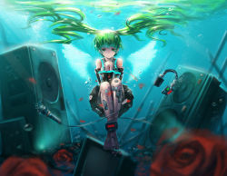 Rule 34 | 1girl, android, aqua eyes, aqua hair, cable, detached sleeves, female focus, full body, hatsune miku, long hair, microphone, saber 01, skirt, smile, solo, speaker, twintails, underwater, very long hair, vocaloid, wings