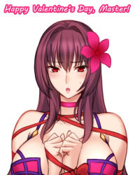 Rule 34 | 1girl, alternate costume, bare shoulders, bikini, blush, bound, bound wrists, breasts, choker, collarbone, commentary request, english text, fate/grand order, fate (series), flower, hair flower, hair intakes, hair ornament, hibiscus, large breasts, lintanghaseo, looking at viewer, open mouth, pink bikini, purple bikini, purple hair, red eyes, red ribbon, ribbon, scathach (fate), scathach (fate/grand order), scathach (swimsuit assassin) (fate), simple background, solo, swimsuit, upper body, valentine, white background