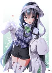 Rule 34 | 1girl, :d, argyle, bandaged head, bandages, black hair, black shorts, bow, cardigan vest, collared shirt, dress shirt, green bow, grey eyes, hands up, heart, highres, ice cream mad labo, lab coat, long hair, long sleeves, looking at viewer, mokufuu, open clothes, open mouth, seika michi, shirt, short shorts, shorts, sleeves past fingers, sleeves past wrists, smile, solo, thighhighs, twitter username, very long hair, virtual youtuber, white shirt, white thighhighs