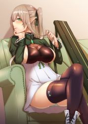 Rule 34 | 1girl, beige background, blonde hair, blush, boots, breasts, brooch, brown thighhighs, cleavage, closed mouth, couch, covered navel, cross-laced footwear, crossed legs, dress, elf, green eyes, green panties, green ribbon, hair ribbon, half updo, hand on own chin, head rest, highres, hiruno, holding, holding own hair, jewelry, lace-up boots, large breasts, long hair, long sleeves, looking at viewer, original, panties, pantyshot, pointy ears, profile, ribbon, see-through, shoes, short dress, sideboob, sitting, solo, stitches, thighhighs, underwear, untied footwear, upskirt, weapon