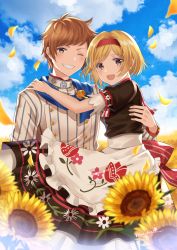 Rule 34 | 1boy, 1girl, :d, apron, blonde hair, blue sky, blurry, blurry background, blurry foreground, blush, brown dress, brown hair, cloud, cloudy sky, commentary request, day, depth of field, djeeta (granblue fantasy), dress, flower, frilled apron, frilled dress, frills, gran (granblue fantasy), granblue fantasy, grin, hairband, hand on another&#039;s shoulder, highres, jacket, myusha, one eye closed, open mouth, outdoors, petals, puffy short sleeves, puffy sleeves, red hairband, short sleeves, signature, sky, smile, striped clothes, striped jacket, sunflower, vertical-striped clothes, vertical-striped jacket, white apron, white jacket, yellow flower