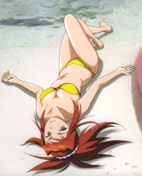 Rule 34 | 00s, 1girl, absurdres, bandeau, barefoot, beach, bikini, breasts, brown hair, cleavage, day, feet, foreshortening, from above, green eyes, highres, hisayuki hirokazu, legs, long hair, looking at viewer, lying, my-hime, on back, on ground, orange hair, outdoors, outstretched arms, photo background, ponytail, scrunchie, shadow, smile, solo, spread arms, sugiura midori, swimsuit, yellow bikini