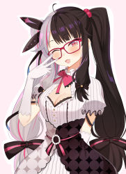 Rule 34 | 1girl, :3, absurdres, ahoge, black hair, breasts, choco tanuki, cleavage, elbow gloves, glasses, gloves, grey hair, hair bobbles, hair ornament, highres, large breasts, long hair, looking at viewer, multicolored hair, nijisanji, one eye closed, open mouth, pink hair, puffy short sleeves, puffy sleeves, red eyes, short sleeves, solo, split-color hair, twintails, v, virtual youtuber, white gloves, yorumi rena, yorumi rena (1st costume)