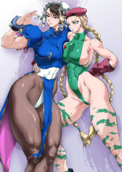 Rule 34 | 1girl, 2girls, absurdres, ahoge, antenna hair, beret, blonde hair, blue eyes, bracelet, braid, breast press, breasts, brown eyes, brown hair, bun cover, cammy white, camouflage, capcom, china dress, chinese clothes, chun-li, double bun, dress, earrings, fingerless gloves, gloves, green leotard, hair bun, hair pulled back, hand on another&#039;s hip, hat, highres, jewelry, large breasts, leotard, long hair, multiple girls, pantyhose, pelvic curtain, sash, short hair, sideboob, spiked bracelet, spikes, street fighter, thong leotard, toned, twin braids, very long hair, yuri ai