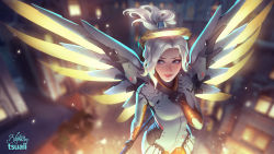 Rule 34 | 1girl, artist name, blonde hair, collaboration, commentary, female focus, halo, lisa buijteweg, looking to the side, mechanical halo, mechanical wings, mercy (overwatch), overwatch, overwatch 1, pantyhose, parted lips, ponytail, solo, tsuaii, wings, yellow wings
