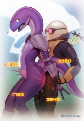 Rule 34 | 1boy, 1girl, artist name, bald, colored skin, cum, d:, feet out of frame, flying sweatdrops, from side, furry, glasses, grabbing another&#039;s arm, hetero, highres, interspecies, lizard tail, navel, no pupils, nude, open mouth, purple skin, reptile girl, risk of rain (series), risk of rain 2, sex, shoulder plates, syringe, tail, tongue, wagadraws, white background
