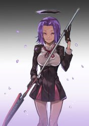 Rule 34 | 1girl, black gloves, cowboy shot, falling petals, glaive (polearm), gloves, gradient background, halo, hand up, highres, holding, holding weapon, kantai collection, legs, looking at viewer, mechanical halo, petals, polearm, purple eyes, purple hair, red theme, ribbon, smile, solo, tatsuta (kancolle), tsurime, uno (union), weapon