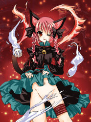Rule 34 | 1girl, ;p, animal ears, bell, bow, braid, cat ears, cat girl, cat tail, censored, clothes lift, convenient censoring, dress, dress lift, fang, female focus, fire, flame-tipped tail, hair ribbon, kaenbyou rin, multiple tails, no panties, one eye closed, red eyes, red hair, ribbon, sakayaki (burning soul), skull, solo, tail, tongue, tongue out, touhou, twin braids, twintails, wink