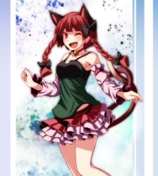 Rule 34 | 1girl, ;d, alternate costume, animal ears, bad id, bad pixiv id, bare legs, bell, neck bell, blush, bow, braid, breasts, camisole, casual, cat ears, cat tail, choker, contemporary, detached sleeves, extra ears, fang, hair bow, highres, kaenbyou rin, layered skirt, long hair, looking at viewer, multiple tails, nekomata, one eye closed, open mouth, red eyes, red hair, skirt, slit pupils, smile, tail, touhou, tsukishiro saika, tsurime, twin braids