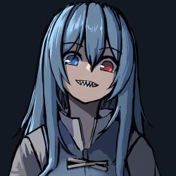 Rule 34 | 1girl, allcy49, alternate hair length, alternate hairstyle, black background, blue eyes, blue hair, commentary request, cross-laced clothes, heterochromia, highres, long hair, looking at viewer, red eyes, sharp teeth, simple background, solo, tatara kogasa, teeth, touhou, upper body