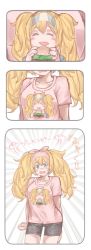 Rule 34 | 1girl, 3koma, :d, arm behind back, az toride, blonde hair, blue eyes, blush, casual, comic, commentary request, contrapposto, crying, crying with eyes open, emphasis lines, closed eyes, food, gambier bay (kancolle), hairband, burger, highres, kantai collection, long hair, open mouth, smile, solo, standing, tears, translation request, twintails