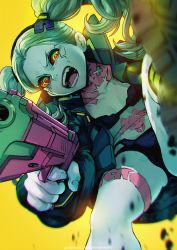 Rule 34 | 1girl, angry, bra, breasts, colored sclera, colored skin, cyberpunk (series), cyberpunk edgerunners, green eyes, green hair, gun, highres, holding, holding gun, holding weapon, long hair, looking at viewer, magion02, open mouth, rebecca (cyberpunk), red sclera, small breasts, solo, stomach tattoo, tattoo, tongue, twintails, underwear, uneven eyes, weapon, yellow background