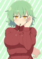 Rule 34 | 10s, 1girl, blush, breast hold, breasts, food, food in mouth, green hair, tucking hair, highres, hikage (senran kagura), ichiryuu tsumiki, impossible clothes, large breasts, looking at viewer, mouth hold, parted lips, pocky, ribbed sweater, senran kagura, short hair, slit pupils, solo, striped, striped background, sweater, turtleneck, turtleneck sweater, upper body, yellow eyes