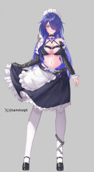 Rule 34 | 1girl, absurdres, acheron (honkai: star rail), alternate costume, apron, bare shoulders, belt, black belt, black footwear, breasts, chain, cleavage, commentary request, detached sleeves, enmaided, frilled apron, frills, full body, grey background, hair over one eye, halterneck, highres, honkai: star rail, honkai (series), long hair, long sleeves, looking at viewer, maid, mary janes, medium breasts, midriff, navel, pantyhose, petticoat, purple eyes, purple hair, sanvicept, shoes, simple background, solo, standing, stomach, very long hair, waist apron, white apron, white pantyhose