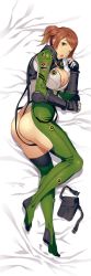 Rule 34 | 1girl, ass, bodysuit, breasts, brown eyes, brown hair, cleavage, dakimakura (medium), full body, gloves, hair ornament, hairclip, highres, holster, large breasts, official art, olive oppert, one eye closed, open mouth, side ponytail, solo, super robot wars, super robot wars x-omega, watanabe wataru (character designer)