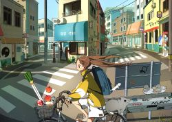 Rule 34 | 1girl, apple, backpack, bag, barber pole, bicycle, bird, brown hair, cat, cityscape, commentary, food, fruit, graffiti, highres, jacket, long hair, milk carton, original, outdoors, pigeon, riding, scenery, short shorts, shorts, spring onion, tao (tao15102), twintails