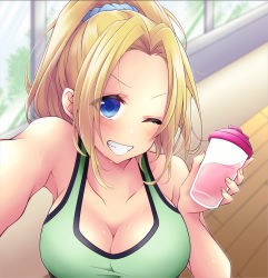 Rule 34 | 1girl, armpits, artist request, bare shoulders, blonde hair, blue eyes, blush, breasts, cleavage, clenched teeth, collarbone, cup, d4dj, forehead, highres, indoors, large breasts, long hair, looking at viewer, one eye closed, sasago jennifer yuka, smile, solo, sports bra, sportswear, sweat, tagme, teeth