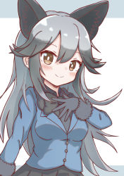 Rule 34 | 1girl, animal ear fluff, animal ears, black bow, black bowtie, black gloves, black hair, black shirt, black skirt, blue jacket, blush, bow, bowtie, breasts, brown eyes, closed mouth, collared shirt, commentary request, fox ears, fur-trimmed sleeves, fur trim, gloves, grey background, grey hair, hair between eyes, hand up, highres, jacket, kemono friends, long hair, looking at viewer, multicolored hair, pleated skirt, shirt, silver fox (kemono friends), skirt, small breasts, smile, solo, sunanuko (ramuneko), two-tone background, two-tone hair, very long hair, white background