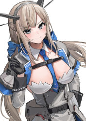Rule 34 | 1girl, akagi kurage, between breasts, black gloves, blue bow, blush, bow, breasts, capelet, dress, gloves, grey eyes, hair bow, headgear, highres, kantai collection, long hair, long sleeves, looking at viewer, low twintails, maryland (kancolle), medium breasts, necktie, necktie between breasts, sidelocks, simple background, sketch, smile, solo, twintails, upper body, very long hair, white background