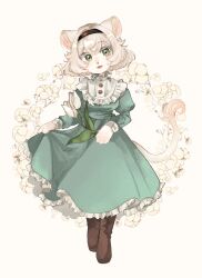 Rule 34 | 1girl, animal ears, animal hands, blonde hair, body fur, boots, brown footwear, cat ears, cat girl, cat tail, clothes lift, colored eyelashes, commentary request, dress, fangs, flower, frilled shirt collar, frills, full body, fur-tipped tail, furry, furry female, green dress, green eyes, hairband, hands up, highres, holding, holding flower, juliet sleeves, long sleeves, looking at viewer, open mouth, original, puffy sleeves, rata (norahasu), short hair, simple background, skirt, skirt lift, standing, tail, tulip, white flower, white fur, white tulip, yellow background