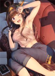 Rule 34 | 10s, 2girls, ahoge, alternate costume, armpits, bare shoulders, blush, breasts, brown hair, casual, charging device, cleavage, contemporary, crop top, denim, double bun, hair bun, hairband, headgear, hiei (kancolle), ichikawa feesu, jeans, kantai collection, kongou (kancolle), large breasts, long hair, looking at another, looking at viewer, lying, midriff, multiple girls, on side, one eye closed, open mouth, pants, purple eyes, remodel (kantai collection), silhouette, t-head admiral, wavy mouth