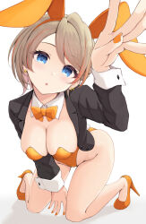Rule 34 | 1girl, absurdres, alternate costume, black jacket, blazer, blue eyes, blush, bow, bowtie, breasts, cleavage, dated, detached collar, expressionless, fingernails, full body, highres, jacket, kneeling, leotard, light brown hair, long sleeves, looking at viewer, medium bangs, medium breasts, multicolored hair, nanashi inc., open clothes, open jacket, open mouth, orange bow, orange bowtie, orange hair, orange leotard, orange nails, playboy bunny, short hair, simple background, solo, temari rin, touri sei, two-tone hair, virtual youtuber, white background