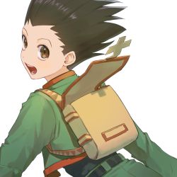 Rule 34 | 1boy, :d, backpack, bag, belt, black belt, black hair, brown bag, brown eyes, commentary, gon freecss, green jacket, highres, hunter x hunter, jacket, long sleeves, looking at viewer, looking back, male focus, mmo (mmo omm938), open bag, open mouth, short hair, simple background, smile, solo, spiked hair, teeth, upper body, white background