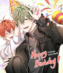 Rule 34 | 2boys, black jacket, blush, character name, closed eyes, confetti, ear piercing, given, guitar case, hand on another&#039;s hat, hand up, happy birthday, hat, highres, instrument case, jacket, light green hair, long sleeves, looking at viewer, male focus, multiple boys, multiple piercings, one eye closed, open clothes, open jacket, open mouth, orange hair, party hat, party popper, piercing, pinoli (pinoli66), satou mafuyu, smile, sweater, turtleneck, upper body, white background, white sweater, yellow headwear, yoshida yuki (given)