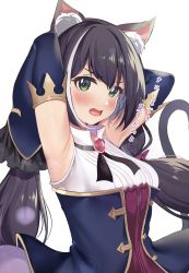 Rule 34 | 1girl, animal ear fluff, animal ears, armpits, arms up, black hair, blush, breasts, cat ears, cat girl, cat tail, commentary, detached sleeves, dress, frilled sleeves, frills, gem, green eyes, hair ribbon, highres, karyl (princess connect!), long hair, long sleeves, looking at viewer, low twintails, medium breasts, multicolored clothes, multicolored dress, multicolored hair, open mouth, otokura ringo, princess connect!, purple ribbon, red gemstone, ribbon, solo, steaming body, streaked hair, symbol-only commentary, tail, translation request, twintails, upper body, v-shaped eyebrows, very long hair, white hair